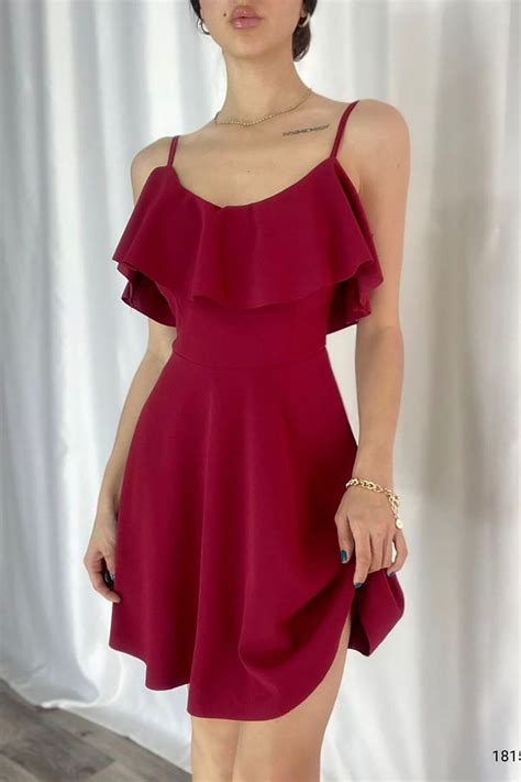 Burgundy Crepe Fabric Ruffled Mini Flared Dress - Deafox | ElbiseBul