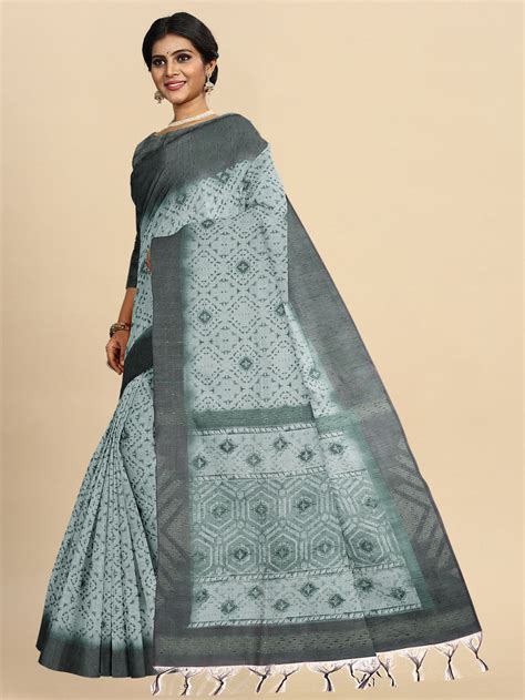 Ramyyam Semi Cotton Weaving Dark Green Colour with Flower Printed Saree ...