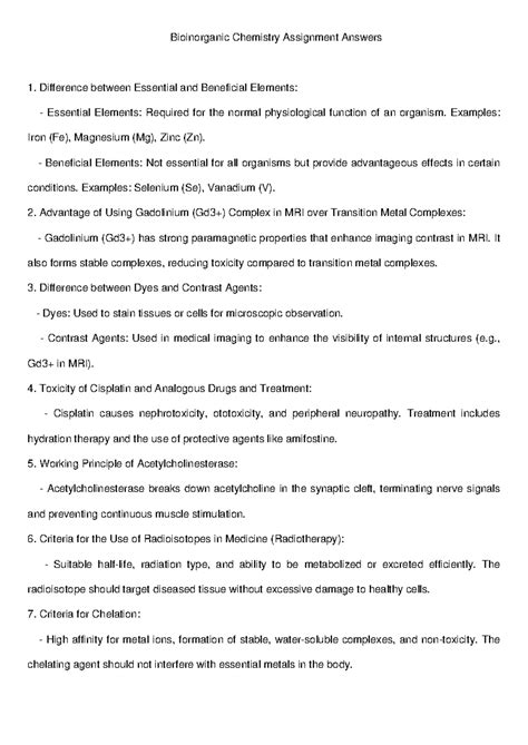 Bioinorganic Chemistry Assignment Solutions (BIC 101) - Studocu