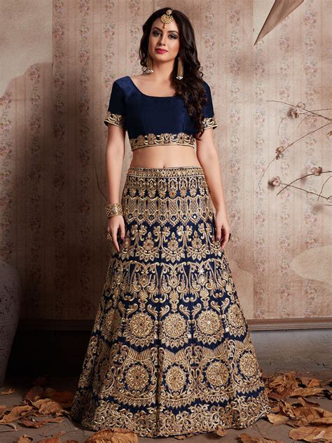 Dark Blue Embroidered Semi Stitched Lehenga With Unstitched
