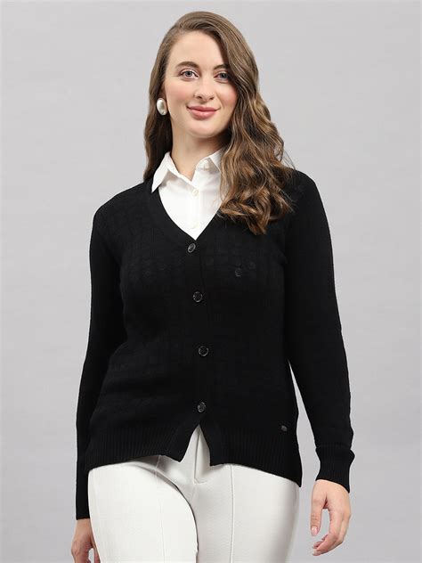 Buy Women Black Self Design V Neck Full Sleeve Cardigan Online in India ...