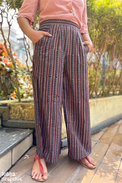 Black Cone Stripes Cotton Parallel Pants- Lobha Deepthis
