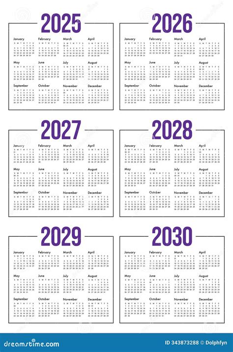2025 2026 2027 2028 2029 2030 Year Calendar Vector Design Template ...