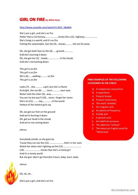 Girl on Fire song and nursery rhyme…: English ESL worksheets pdf & doc