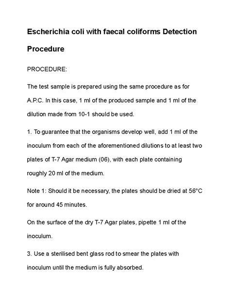 Escherichia coli with feacal coliforms Detection Procedure ...