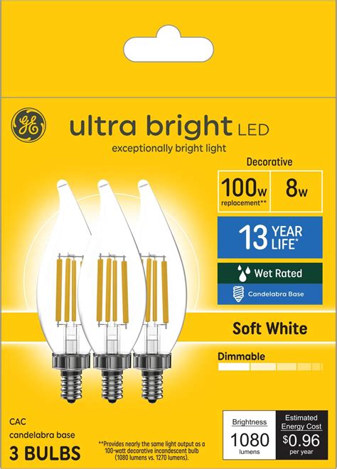 GE Ultra Bright LED Light Bulbs, 100W, Soft White Candle Lights, Clear ...