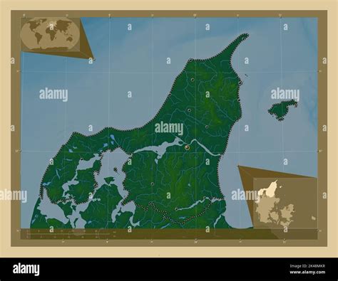 Nordjylland, region of Denmark. Colored elevation map with lakes and rivers. Locations of major ...