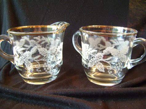 VINTAGE GLASS Creamer Sugar Set Beautiful Gold Rim Etched – Haute Juice