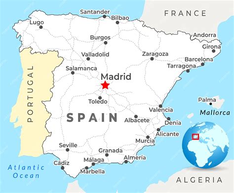 Spain map with capital madrid most important cities and national borders | Premium Vector