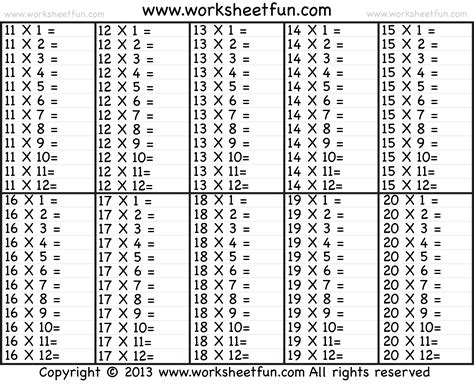 Times Table – 2-12 Worksheets – 1, 2, 3, 4, 5, 6, 7, 8, 9, 10, 11, 12 ...