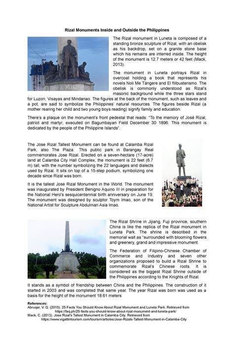 Rizal Monuments Inside and Outside the Philippines - The height of the monument is 12 meters or ...