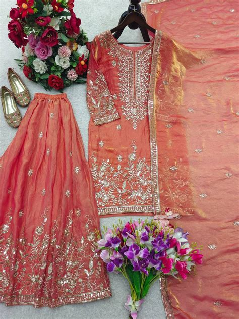 Attractive Peach Color Sequence Work Sharara Suit – Vastra Shop