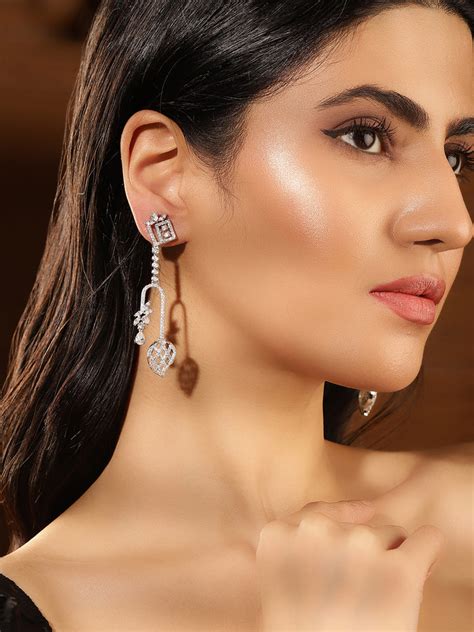Geometric Pattern American Diamond Silver Plated Statement Drop Earrin ...