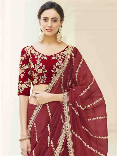 Maroon Organza Embroidered Saree With Unstitched Blouse - Cl