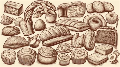 Line art set of bakery products including various types of bread and ...