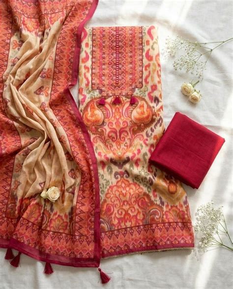 Pink Linen Cotton Printed Unstitched 3-Piece Suit (Devri – D.No 12867)