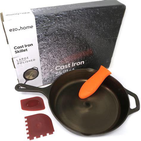 Smooth Cast Iron Skillet Pan 26 cm - Large Polished Pre-Seasoned Frying ...