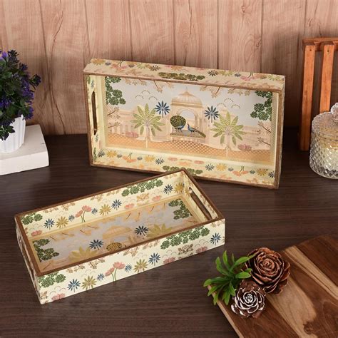HomeShastra Wooden Serving Tray with Gold Engraving | Set of 2 | Size ...