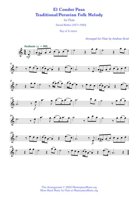 El Condor Pasa - Free Sheet Music for the Flute - MasterpieceMusic.org