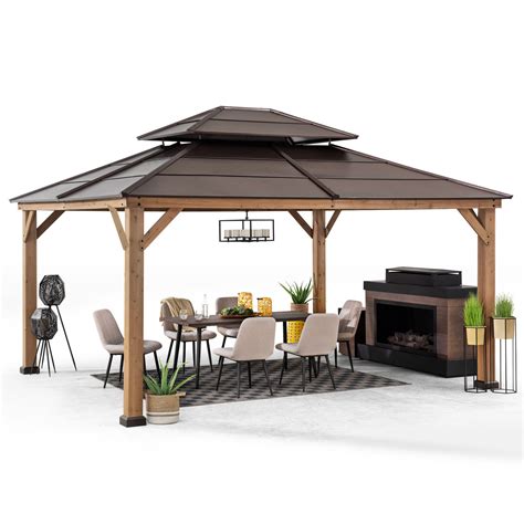 Buy Sunjoy Hardtop Gazebo 13' X 15' Cedar Framed Wood Gazebo with Brown ...