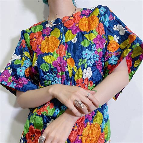 70s colorful 3d flower printed long dress | LEMON