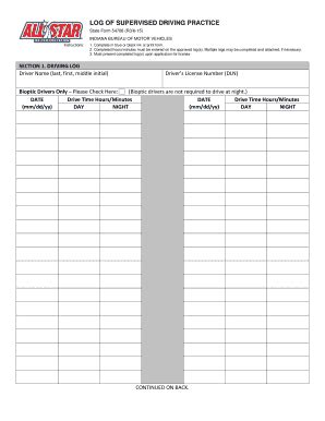 Indiana Supervised Driving Practice Log - Blank Fillable Template ...