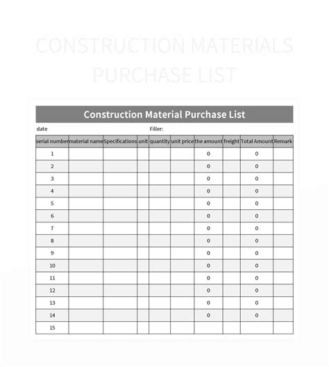 Construction Material List Template Excel