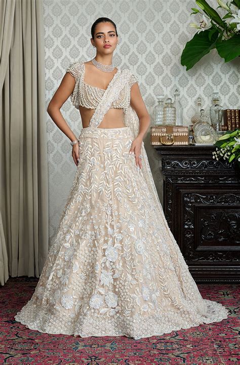 Cream Stone & Thread Leaf Embroidered Lehenga Set – Manish Malhotra