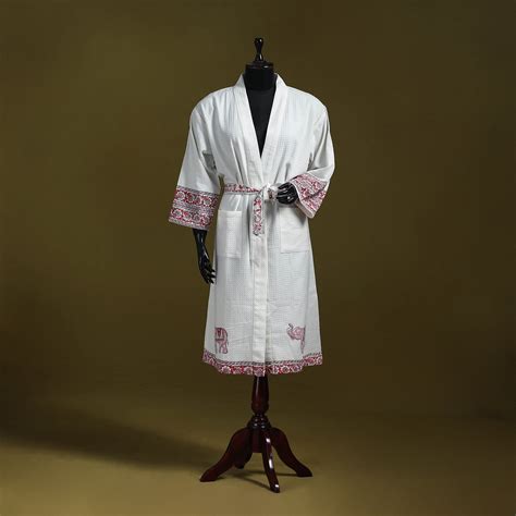 White Sanganeri Block Print Waffle Weave Handwoven Bath Robe