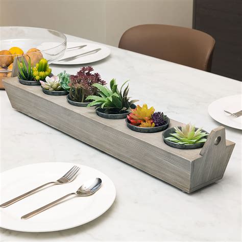 MyGift Weathered Brown Wood Planter Tray with 6 Galvanized Plant Pot ...