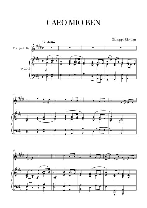 Giuseppe Giordani - Caro Mio Ben (D major) for Trumpet in Bb and Piano ...