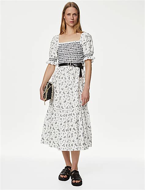 Buy Pure Cotton Printed Square Neck Midi Dress at Marks & Spencer