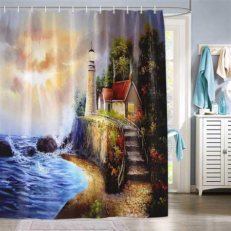 Buy Shocur Lighthouse Shower Curtain, Vintage Scenery Oil Painting by ...