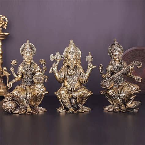 Brass Superfine Ganesha Lakshmi Saraswati Idol Sitting On Lotus 10 Inc ...