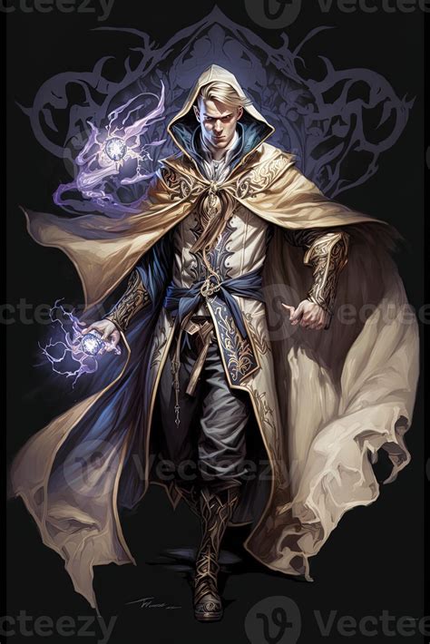 Full body view of a beautiful male sorcerer illustration, Magic ...