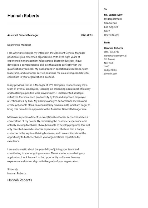 Assistant General Manager Cover Letter Samples & Examples 2025 - CVDesigner.ai