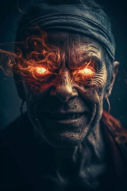 A portrait of a man with glowing eyes and a fire burning eye | Premium ...