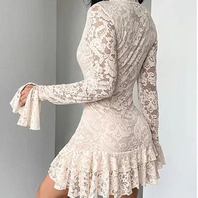 Women's Fitted Lace Mini Dress - Long Sleeve Deep V-Neck Ruffled Hem Dress