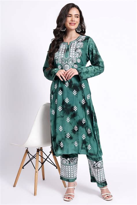 The Chikankari Story Embroidered Rayon Tie-Dyed Chikankari Green Kurti ...