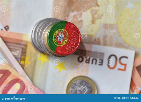 Euro Coin With National Flag Of Portugal On The Euro Money Banknotes Background. Stock Image ...