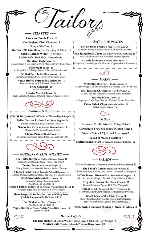 The Tailor Public House menu in New York, New York, USA