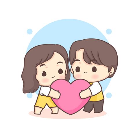 Cute lovers couple holding big love heart. Happy valentine chibi ...