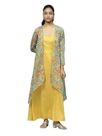 Buy Aarke Ritu Kumar Yellow Floral Print Long Dress with Shrug at Amazon.in