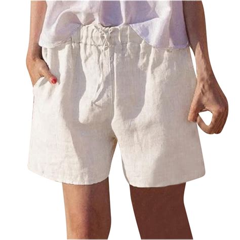 Womens Linen Shorts Elastic Waist Drawstring Cotton Linen Shorts with ...