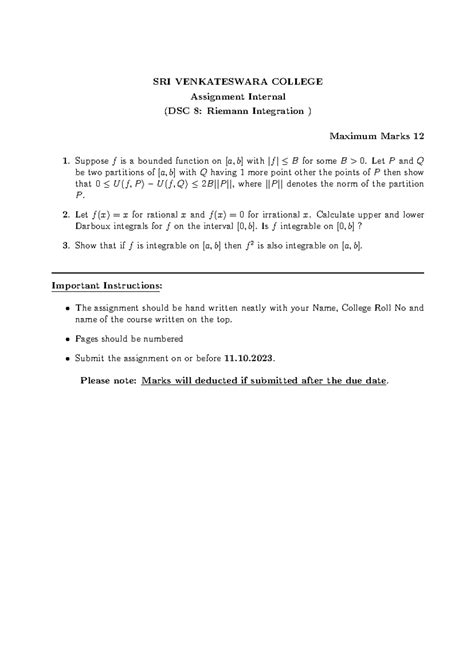 Riemann Integration Assignment (DSC 8) - Max Marks 12 - Studocu
