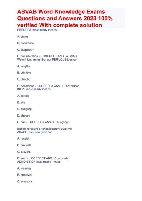 ASVAB Word Knowledge Exams Questions and Answers 2023 100% verified ...