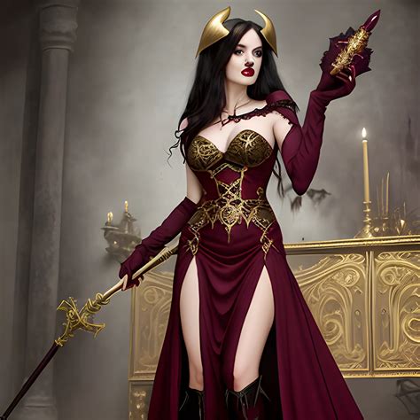 fantasy, evil sorceress, sexy maroon dress with gold accents and high slits, dark hair, black ...