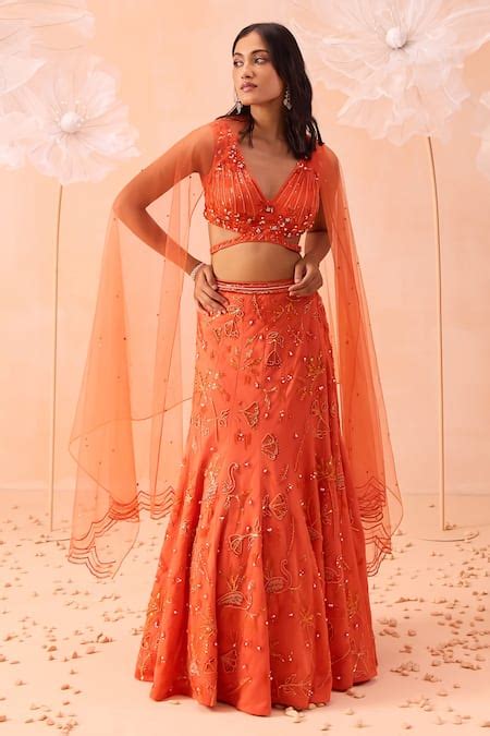 Buy Orange Silk, Net Embroidery, Sequins V-neck Candy Hand Fishcut ...