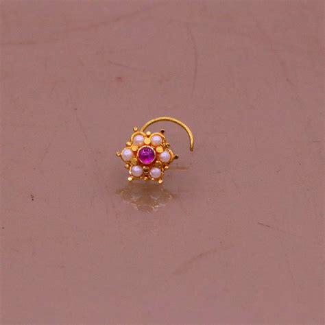 6mm white pearl and red stone fabulous 20kt yellow gold nose pin nose ...