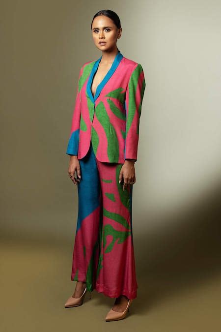 Buy Multi Color Natural Crepe Embroidery Shawl Collar Printed Blazer ...